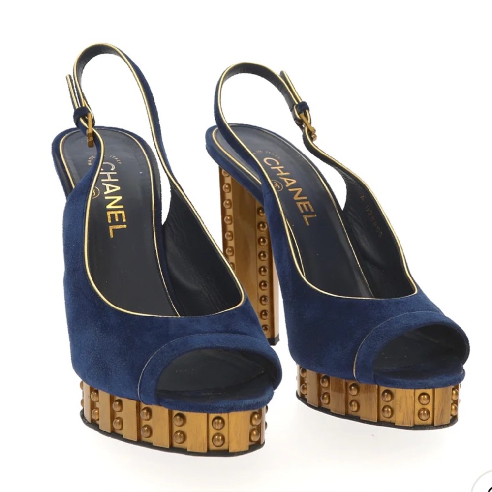 Authentic blue suede CHANEL Blue and Gold Studded Slingback Heels EUC - Picture 2 of 10